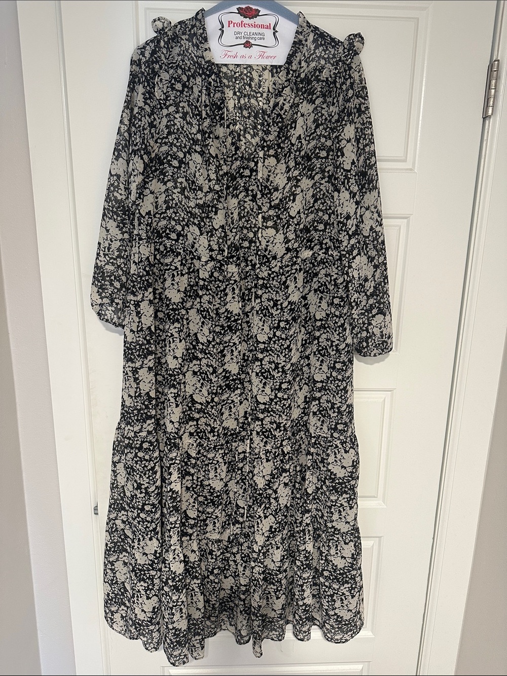 Black and Cream Floral Maxi Dress with Long Sleeves